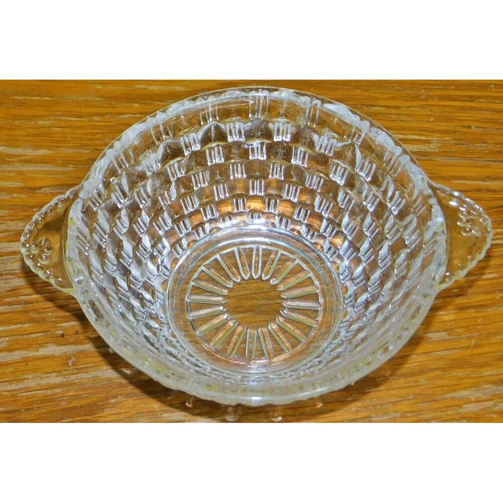 Vintage Clear Glass Berry Bowl Basket Weave Pattern Double Tab Handles